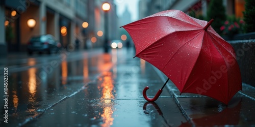 A vibrant red umbrella rests on the rain-soaked pavement, capturing a serene moment in an urban setting, perfect for weather-related themes and lifestyle content.