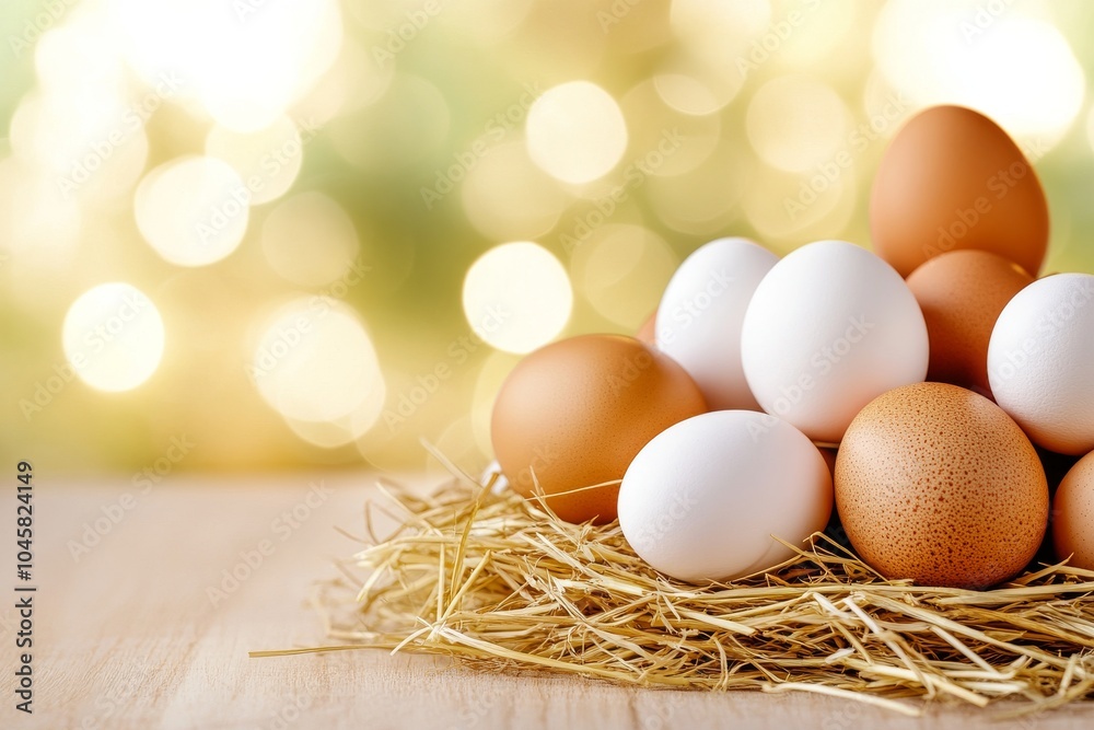 Una mezcla de huevos blancos y marrones descansan sobre una cama de paja con un fondo desenfocado de luces cálidas, creando un ambiente acogedor.
Una mezcla de huevos blancos y marrones descansan sobre una cama de paja con un fondo desenfocado de luces cálidas, creando un ambiente acogedor.