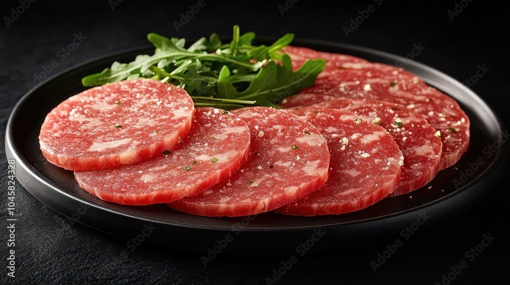 Close up of sliced salami on a black plate with arugula. Close up of sliced salami on a black plate with arugula.