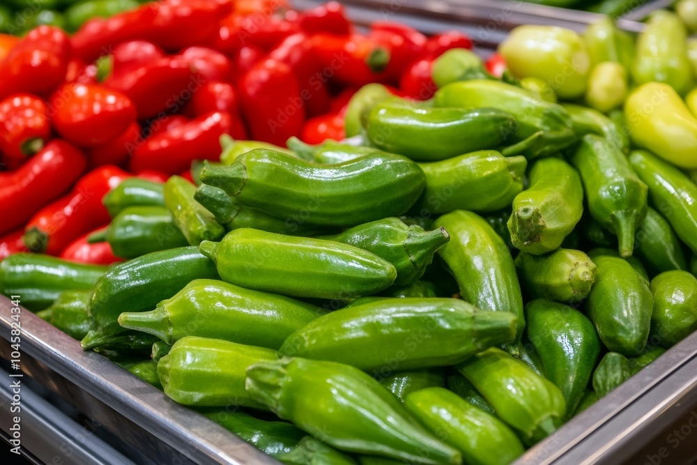 Una bandeja de calabacines verdes frescos y pimientos rojos está dispuesta en un mercado, resaltando la diversidad de productos agrícolas.
Una bandeja de calabacines verdes frescos y pimientos rojos está dispuesta en un mercado, resaltando la diversidad de productos agrícolas.