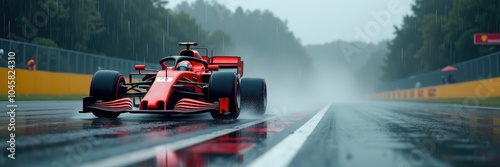 A dynamic shot of a red race car speeding through a rain-soaked track, showcasing the thrill of motorsport and the challenges of racing in wet conditions.