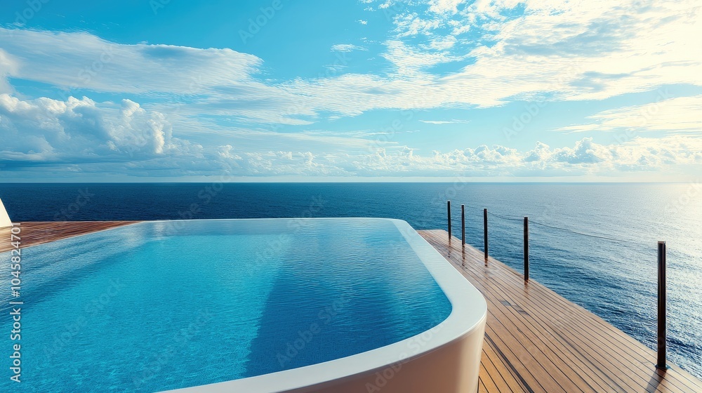 Fototapeta premium The private pool deck of a modern cruise ship, overlooking endless blue waters and symbolizing wealth. No people.
