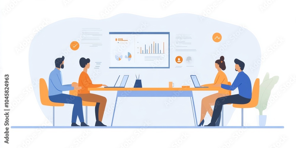 A simple drawing shows a board meeting. People sit around a table, with charts on the wall and a presentation screen. A simple drawing shows a board meeting. People sit around a table, with charts on the wall and a presentation screen.