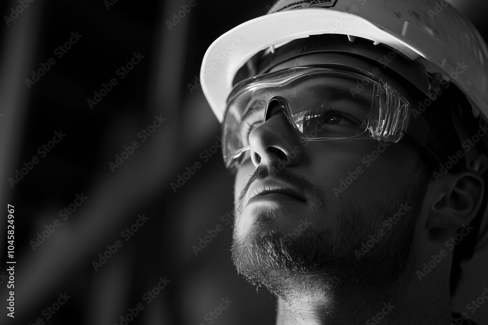 Construction worker wearing safety glasses and hard hat looking right Construction worker wearing safety glasses and hard hat looking right