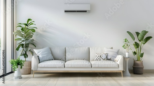 White couch with pillows, plants, and an air conditioner in a modern living room.