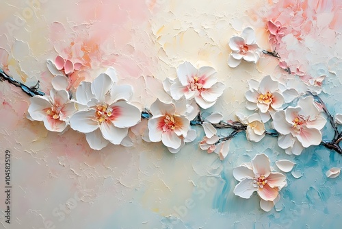 A stunning close-up of textured white cherry blossoms on a soft pastel background, highlighting the delicate petals and vibrant details of this springtime composition.