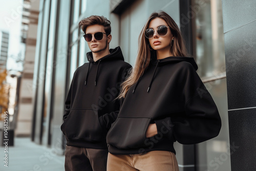 Man and woman wearing mock up black hoodies