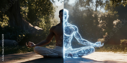Meditative man sitting by a forest stream with half of his body digitally dissolving into blue energy particles. The image conveys a sense of transformation, mindfulness, and the connection between th