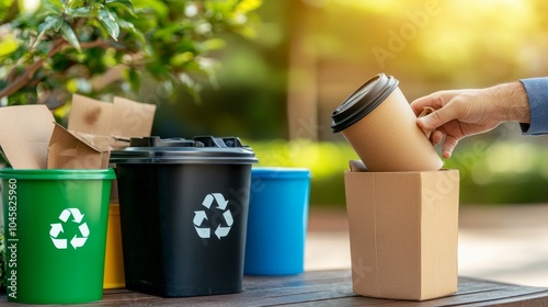  Una persona arroja un vaso de café de cartón en un contenedor de reciclaje, con otros recipientes de colores al fondo. La imagen promueve el reciclaje de productos desechables.

 photo