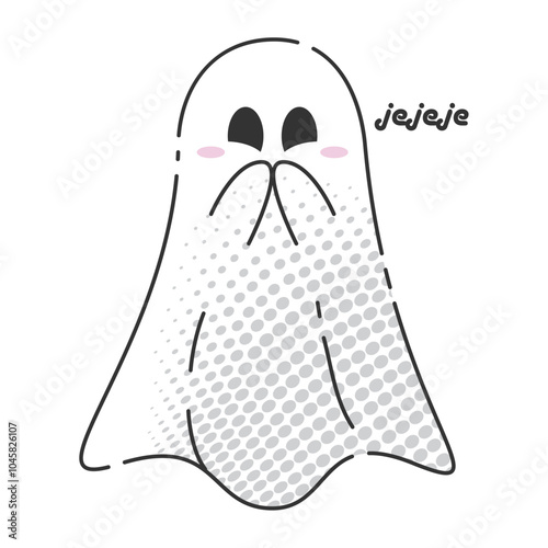Shy cartoon ghost laughing and covering face, halftone, Vector