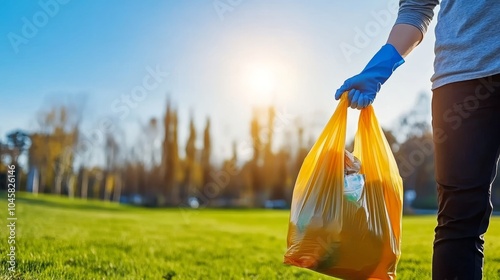  Una persona con guante azul sostiene una bolsa de basura amarilla en un parque verde bajo el sol, promoviendo la limpieza de los espacios públicos y la gestión responsable de residuos.

 photo