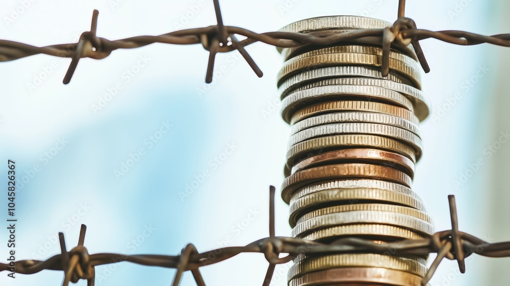A stack of coins trapped behind a barbed wire fence, representing restricted trade. A stack of coins trapped behind a barbed wire fence, representing restricted trade.