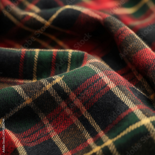 Close-up of traditional tartan plaid fabric in green and red hues