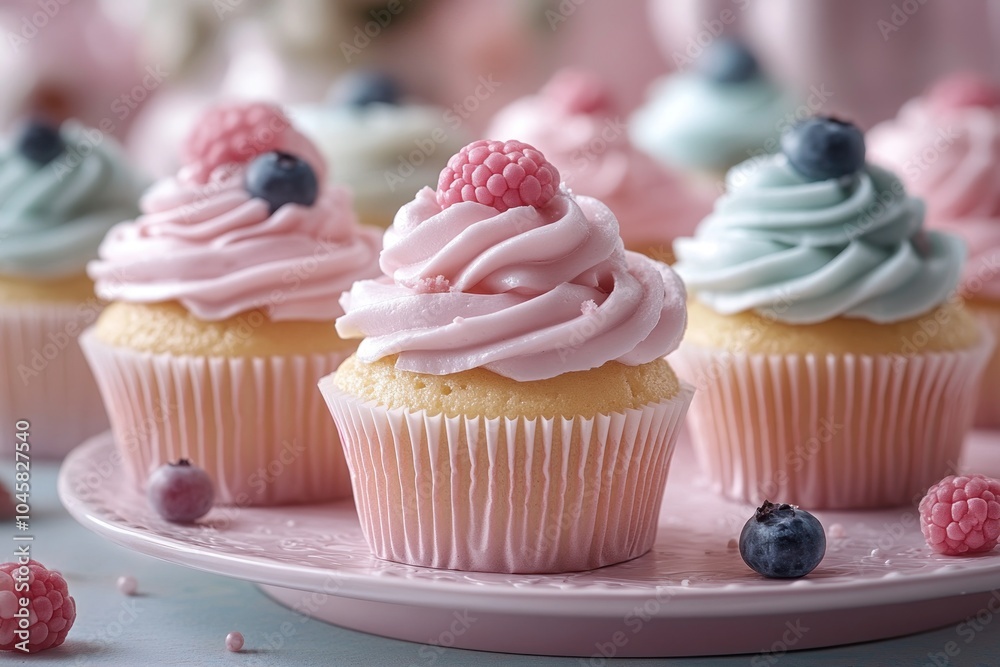 A delightful display of pastel cupcakes topped with frosting and berries.
