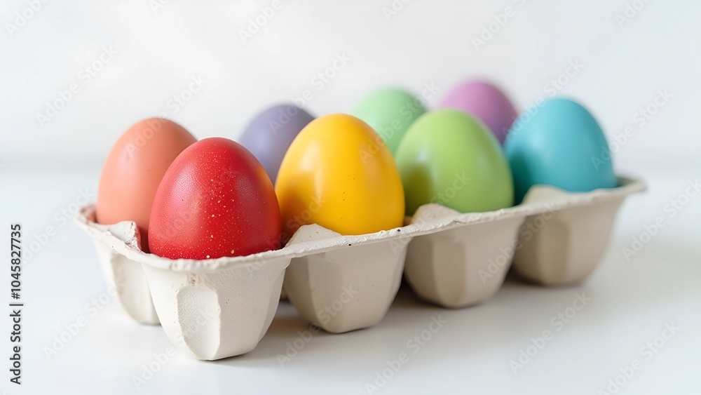 Colorful easter eggs in carton tray on white background