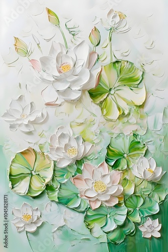 A beautiful collection of white lotus flowers in a serene, abstract setting, showcasing delicate petals and vibrant green leaves, evoking tranquility and elegance.