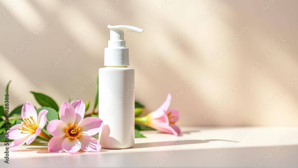 White cosmetic bottle with pink flowers, sunlight highlighting beauty product on neutral background. White cosmetic bottle with pink flowers, sunlight highlighting beauty product on neutral background.