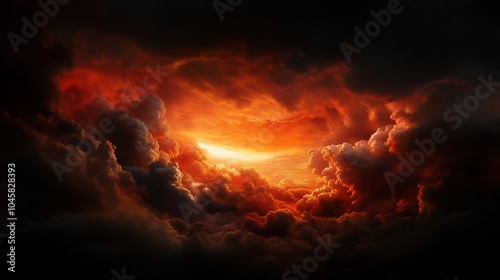 A bright orange light shines through dark, stormy clouds.