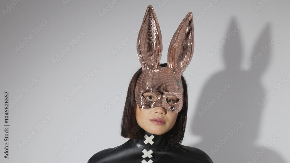 woman poses with mirrorball bunny ears woman poses with mirrorball bunny ears