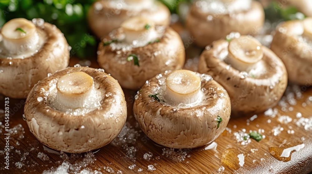 Closeup of fresh, raw button mushrooms sprinkled with salt and parsley, arranged on a wooden cutting board. Closeup of fresh, raw button mushrooms sprinkled with salt and parsley, arranged on a wooden cutting board.