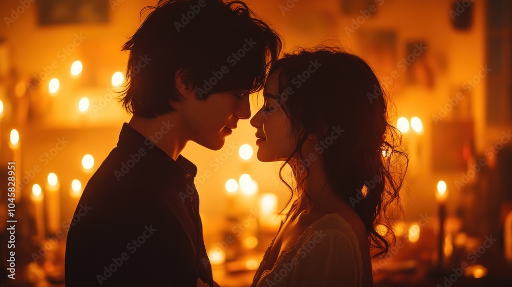 A romantic moment between two people illuminated by candlelight. A romantic moment between two people illuminated by candlelight.