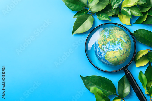 Magnifying glass close up with colorful map and globe.