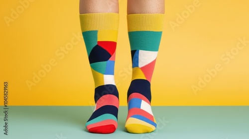 Colorful patterned socks against a vibrant background.