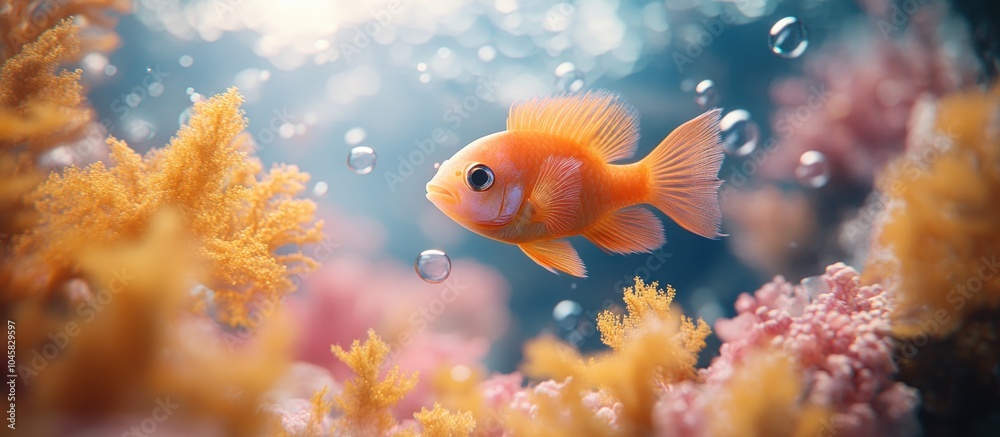 A vibrant underwater scene featuring an orange fish swimming among colorful coral and bubbles. A vibrant underwater scene featuring an orange fish swimming among colorful coral and bubbles.