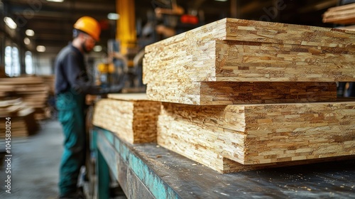 Close-up of stacked OSB boards in a wood processing factory, a blurred worker in the background.