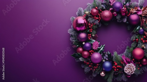 A purple Christmas wreath with red berries, purple and blue ornaments, and a faux flower is positioned on a solid purple background.