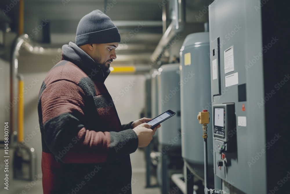 The technician checking the heating system in the boiler room with tablet in hand The technician checking the heating system in the boiler room with tablet in hand