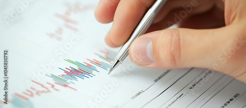 Closeup of a hand holding a pen and pointing at a graph on a financial report.