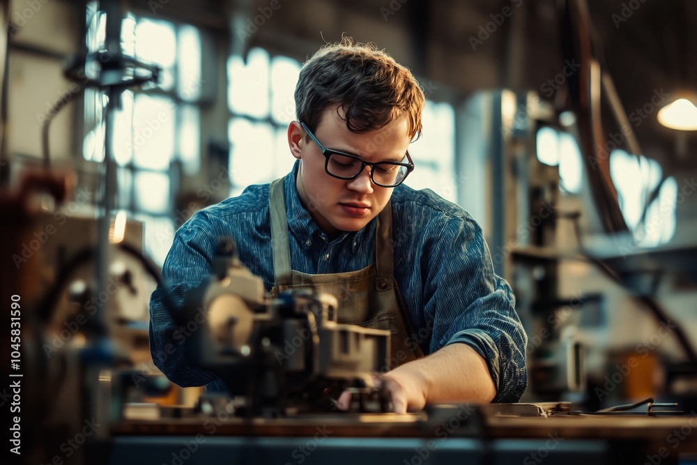 Young man with Down syndrome working in industrial factory, social integration concept. Young man with Down syndrome working in industrial factory, social integration concept.