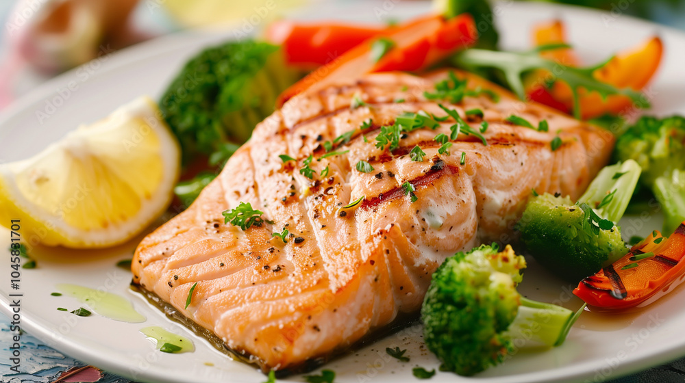 Baked salmon garnished with asparagus and tomatoes with herbs