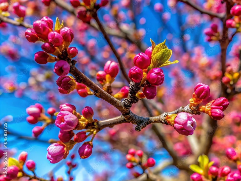 Panoramic View of Flower Buds on Tree Branches Against a Spring Blue Sky in Illinois Panoramic View of Flower Buds on Tree Branches Against a Spring Blue Sky in Illinois