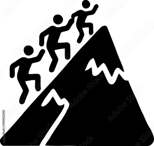 Silhouette of group climbing a mountain, teamwork and outdoor adventure icon, hiking and exploration illustration
