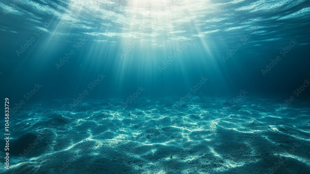 Sunlight beams through the clear blue ocean water, illuminating the sandy seabed. Sunlight beams through the clear blue ocean water, illuminating the sandy seabed.