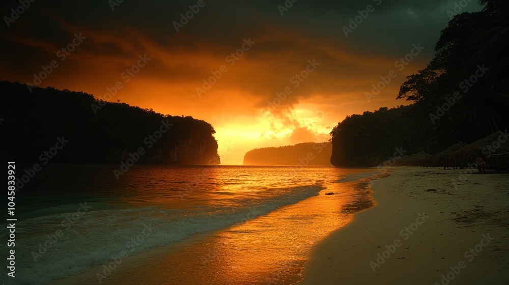 Dramatic sunset over a tropical beach with cliffs on either side.