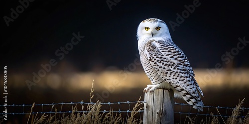 Snowy owl perching on fence post in farm field with dark background photo