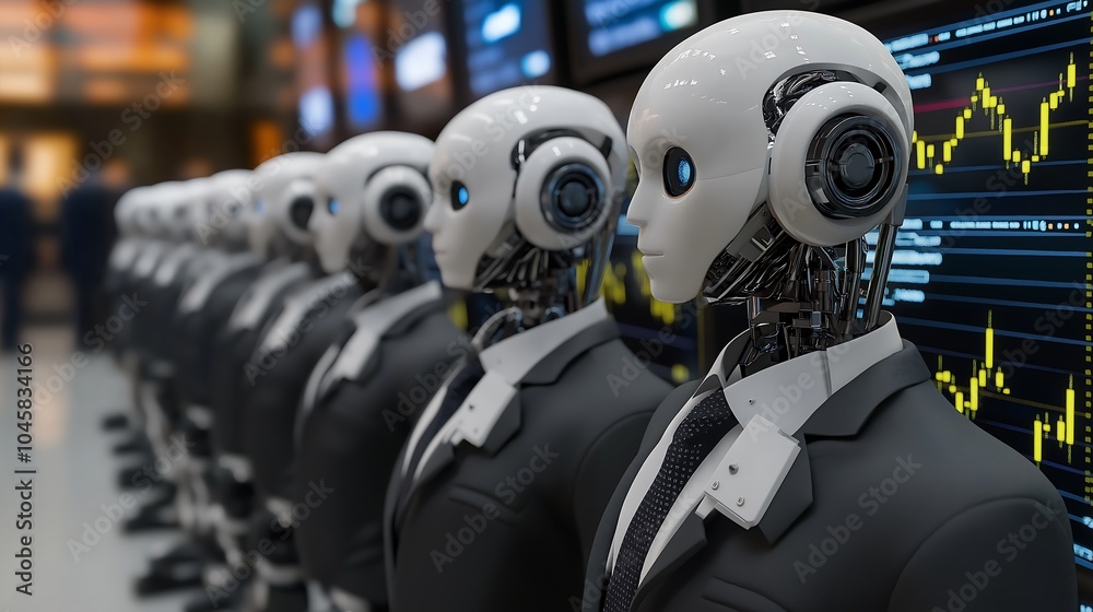 Group of robots wearing business suits at a stock exchange. Group of robots wearing business suits at a stock exchange.