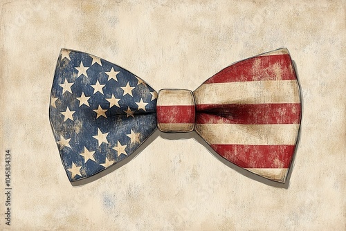 Illustration of a bow tie with an American flag design, showcasing red, white, and blue stars and stripes.