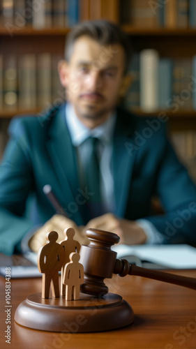 A thoughtful lawyer sits behind a desk with a gavel and wooden figures representing a family, symbolizing justice and legal support. Ideal for law firms, family law services, and legal education