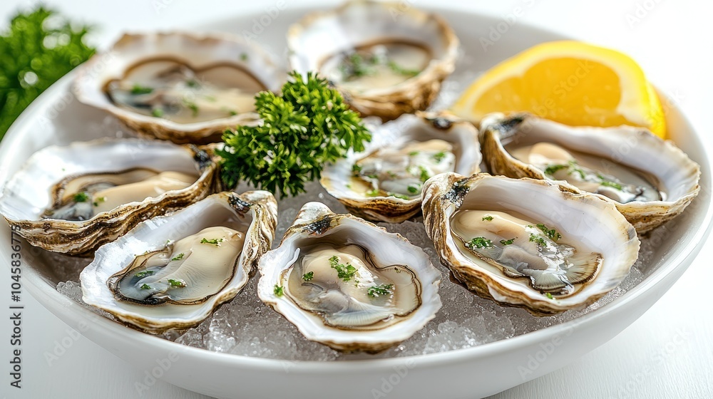 Fresh oysters on ice with lemon and parsley. Fresh oysters on ice with lemon and parsley.