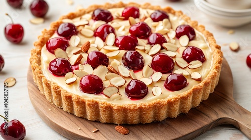 Cherry and almond cream tart, placed on a light wooden board, decorated with fresh cherries and almond slivers