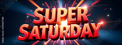 A clean, minimalist 'Super Saturday Sale' logo with sharp geometric shapes. The text is bold and modern, with sleek, sharp lines in white and red, arranged over a stylish black background