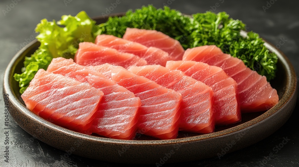 Freshly sliced raw tuna on a plate with lettuce and parsley. Freshly sliced raw tuna on a plate with lettuce and parsley.