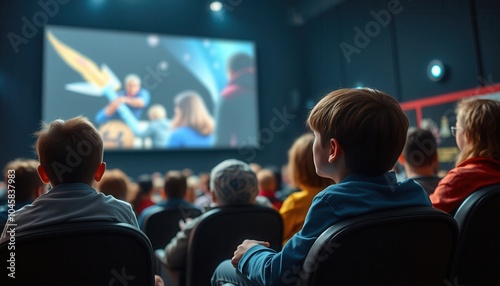 Children watching an animated movie in a dark theater with colorful visuals on the screen during a weekend afternoon