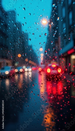 A moody urban scene captured through raindrops on a window, featuring vibrant bokeh lights of cars and street lamps at night, perfect for conveying atmosphere and emotion in designs.