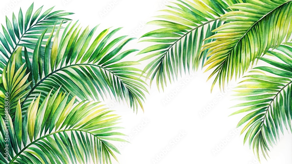 watercolor painting of reflected palm tree leaves on a white background watercolor painting of reflected palm tree leaves on a white background