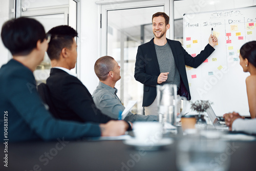 Man, presentation and sticky notes on whiteboard for meeting, timeline and brainstorming strategy in office. Speaker, workshop and group training in boardroom for goals, collaboration and instruction